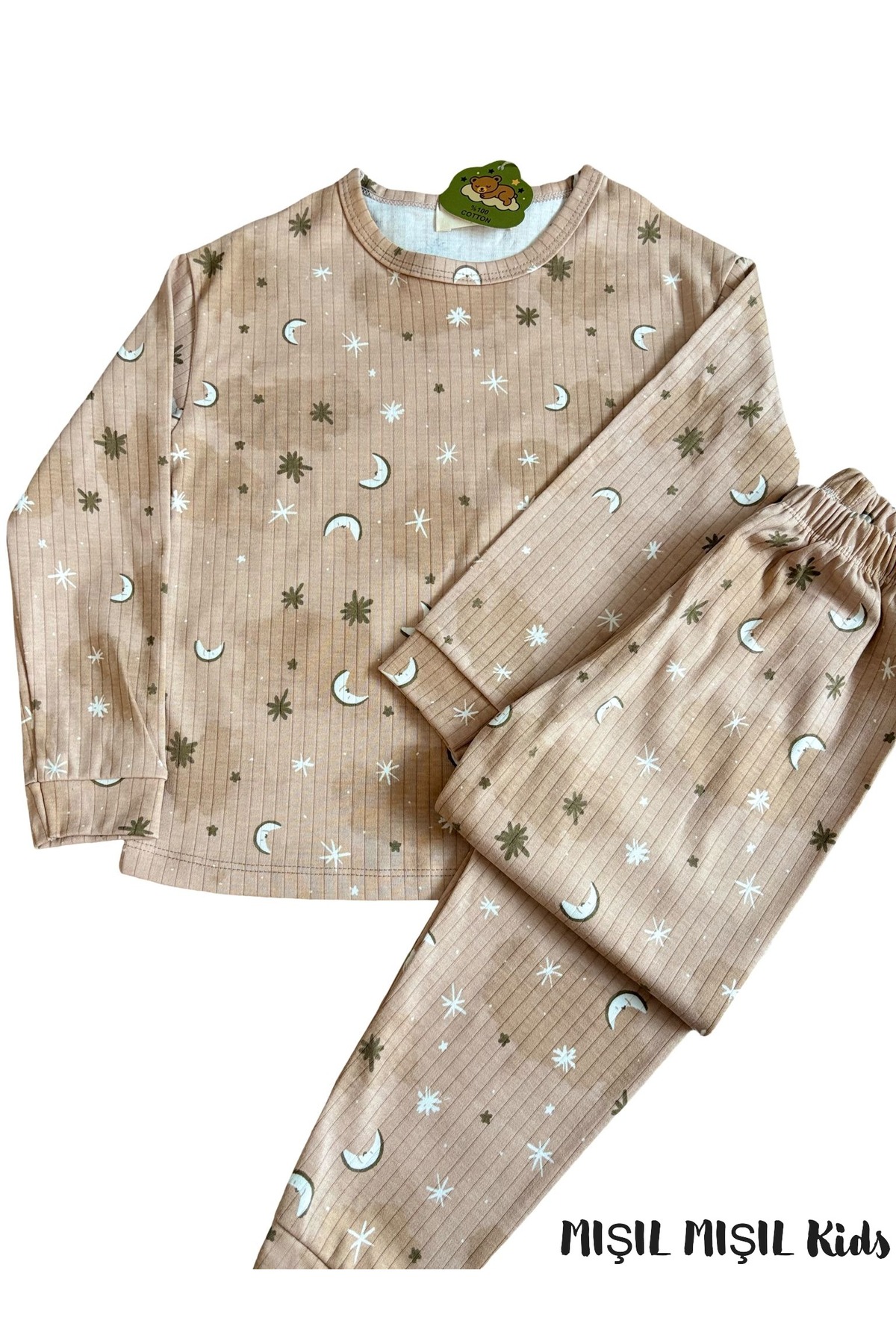 mışıl mışıl kids Erkek Çocuk Bej Renkli Ay Dedeli Yıldızlı Pamuklu Pijama Takımı -GENİŞ KALIP fotoğrafı 3 (önizleme)