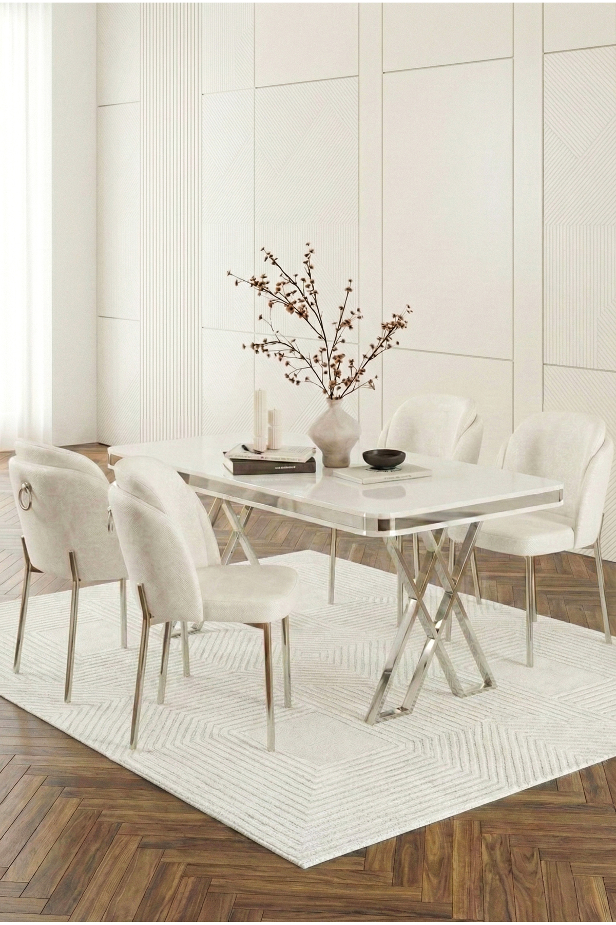 Rigella Silver 80x130 White Fixed Mdf Table 4 Pcs Chair Table Set with Metal Legs Cream