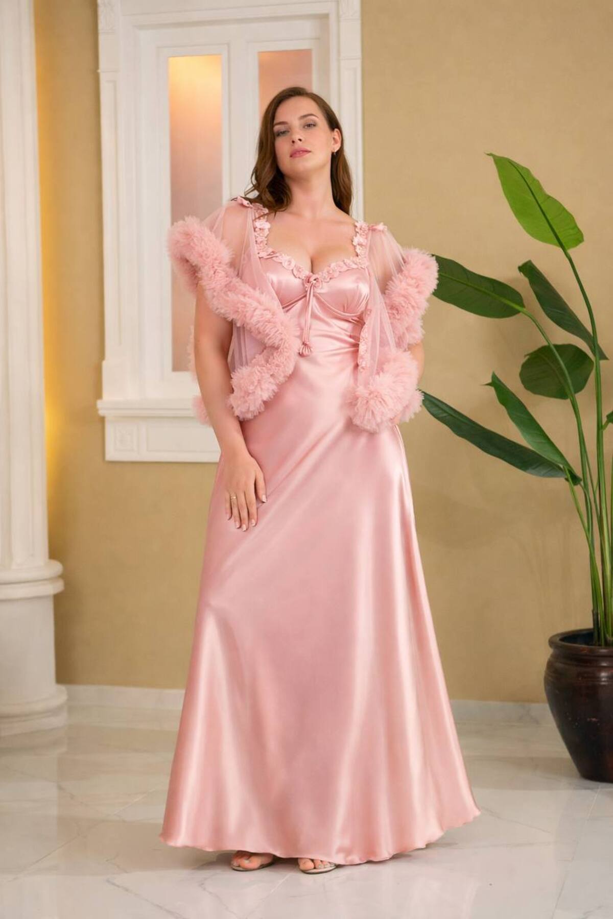 Lama Lingerie Kadın Uzun Gecelik Saten Ve Tül