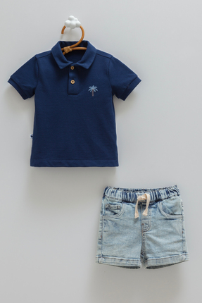 Caramell %100 Pamuk Erkek Bebek Palmiye Nakışlı Polo Yaka Tişört ve Jean Şort...