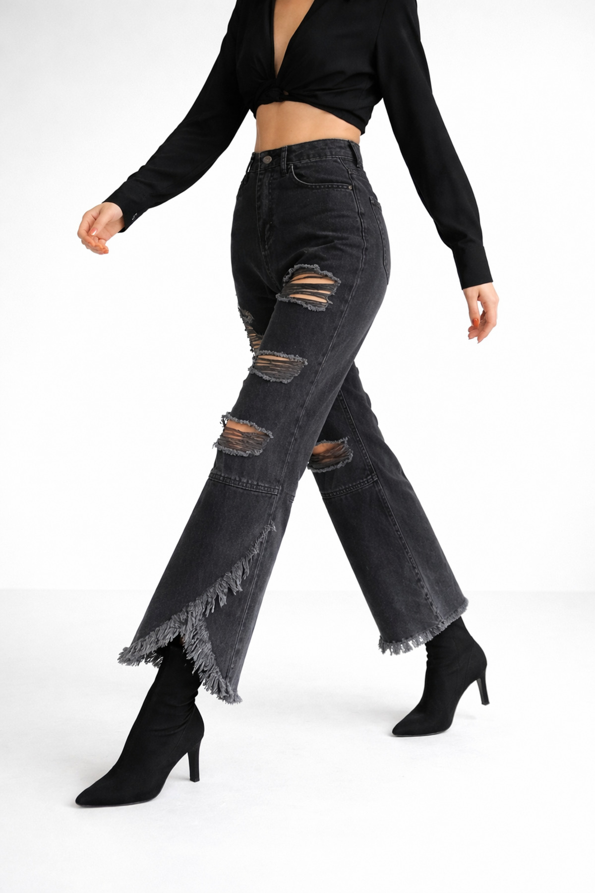 Lighter Jeans  Yüksek Bel Füme Siyah Yırtık Detaylı Püsküllü Paça Wide Leg Bol Paça Kadın Jean Pantolon - Görsel 4