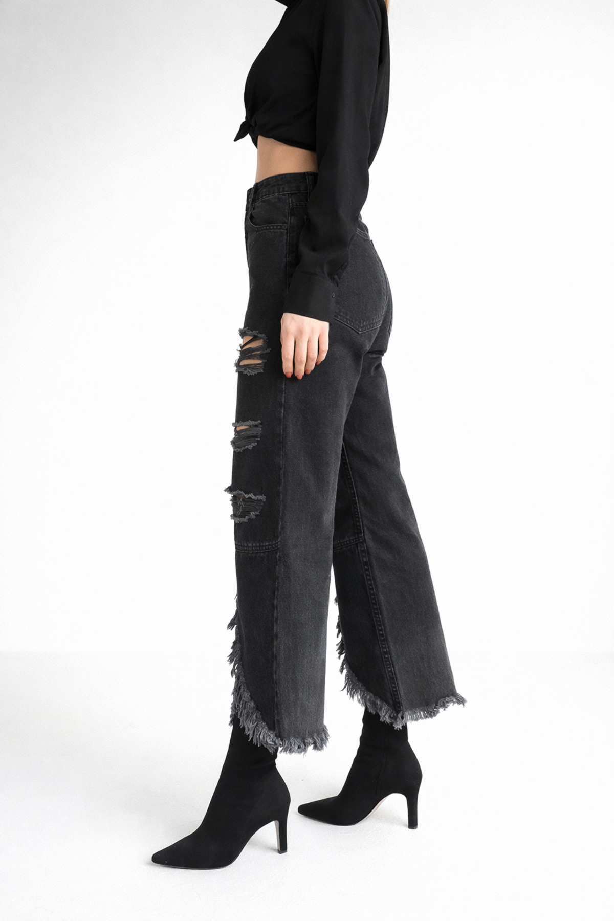 Lighter Jeans  Yüksek Bel Füme Siyah Yırtık Detaylı Püsküllü Paça Wide Leg Bol Paça Kadın Jean Pantolon - Görsel 2