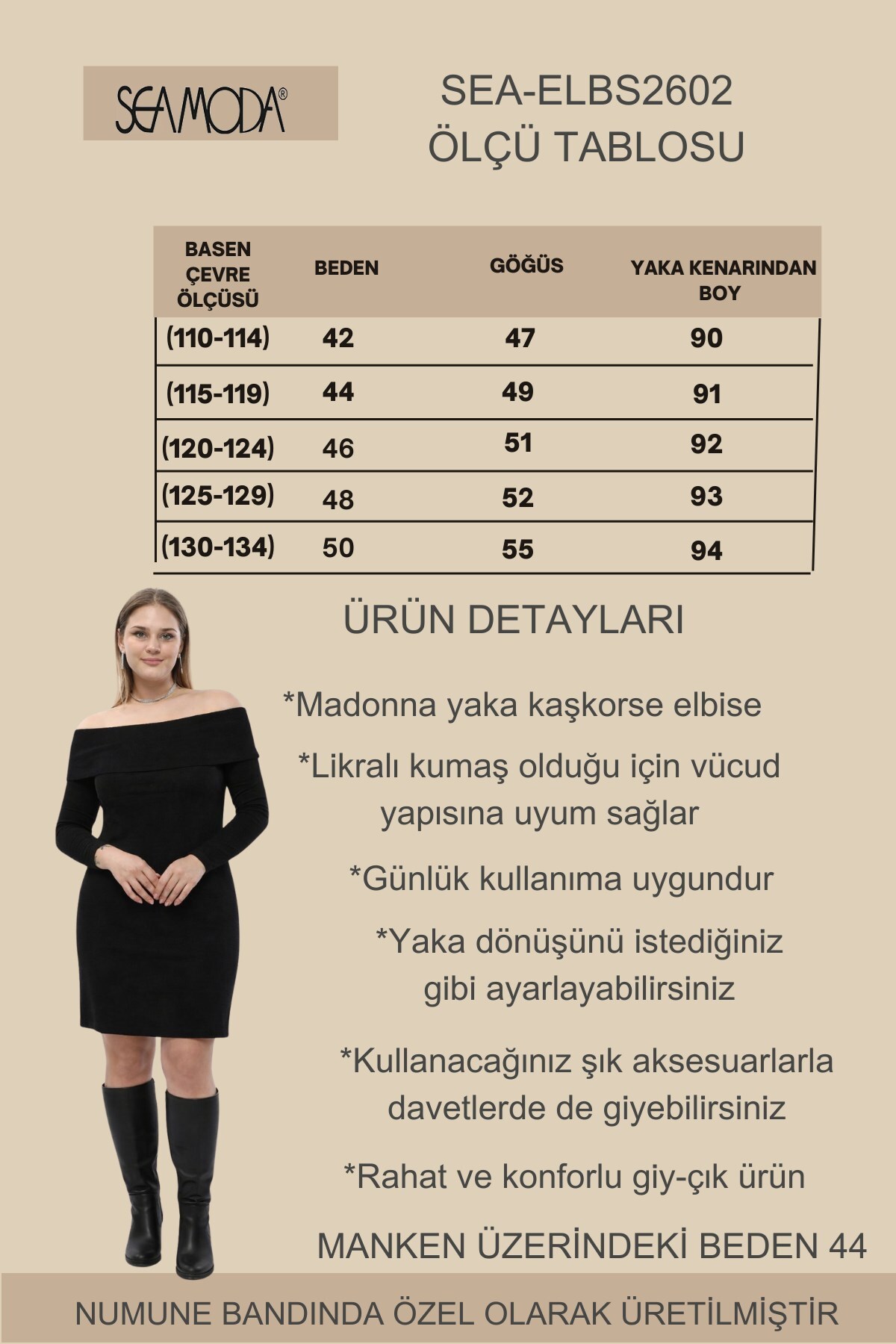 Seamoda  Büyük Beden Madonna Yaka Likralı Kaşkorse Mini Elbise-SİYAH - Görsel 2