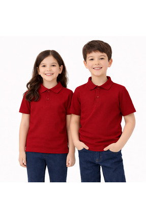 Stero Bordo Okul Tişörtü Unisex Kısa Kollu Polo Yaka Pamuklu Düz Renk