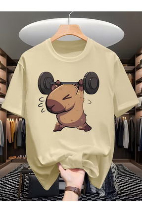 Nilvor Unisex Halter Kaldıran Capybara Ön Baskılı Özel Tasarım Oversize T-shirt