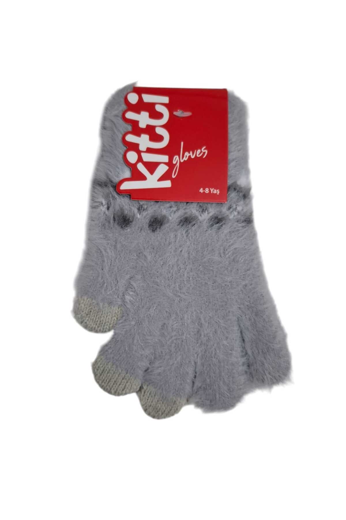 Kitti Spteks 4-8 Yaş Kız Çocuk Gri Renk Düz Desen Kışlık Örme Eldiven fotoğrafı 2 (önizleme)