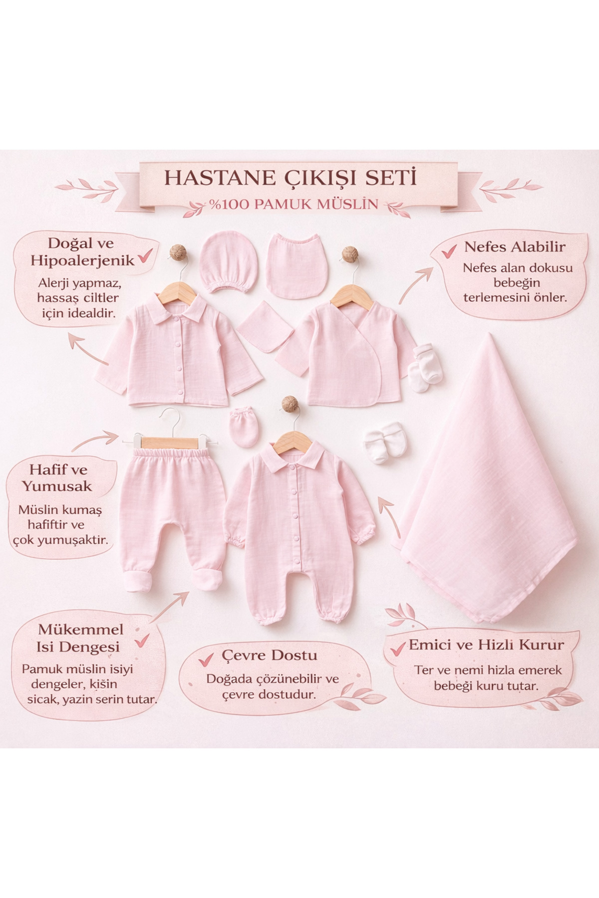 tinibud GOTS Sertifikalı Bebe Pembe %100 Organik Pamuk Müslin Yenidoğan Hastane Çıkışı Seti Şık Hediye Paket fotoğrafı 5 (önizleme)