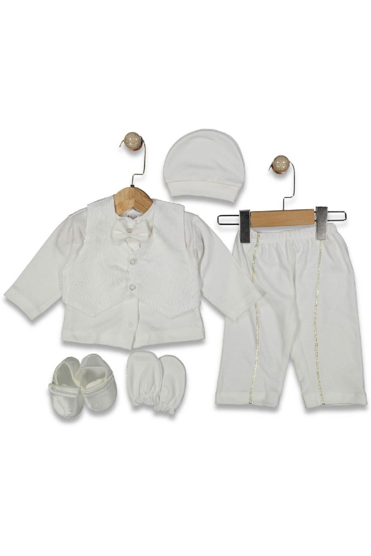 Kereminko Bebek Erkek Bebek Mevlütlük Takım Beyaz Papyonlu Yelekli 5’li Hastane Çıkışı fotoğrafı 5 (önizleme)