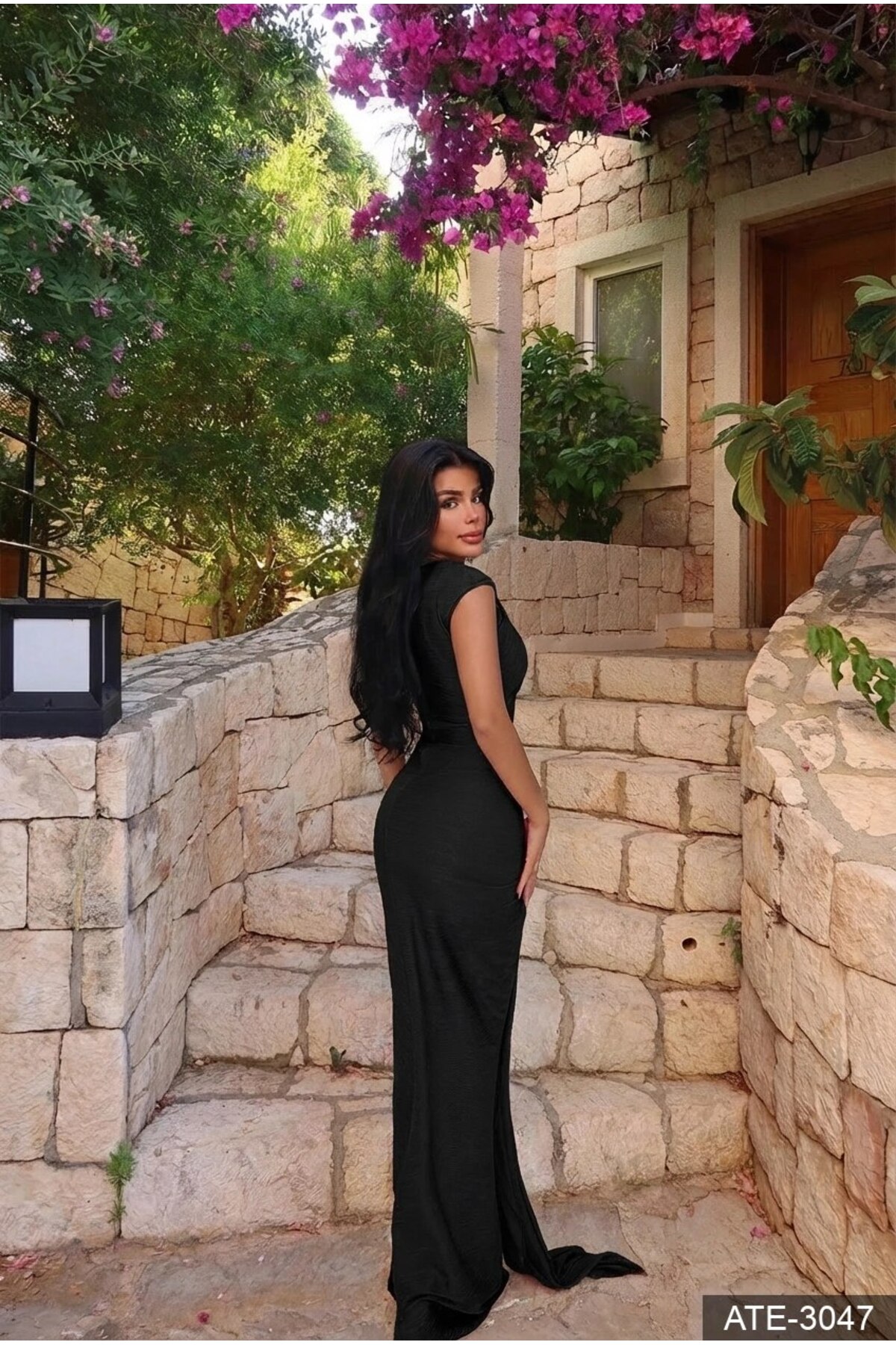 Siyah Orleans Uzun Elbise