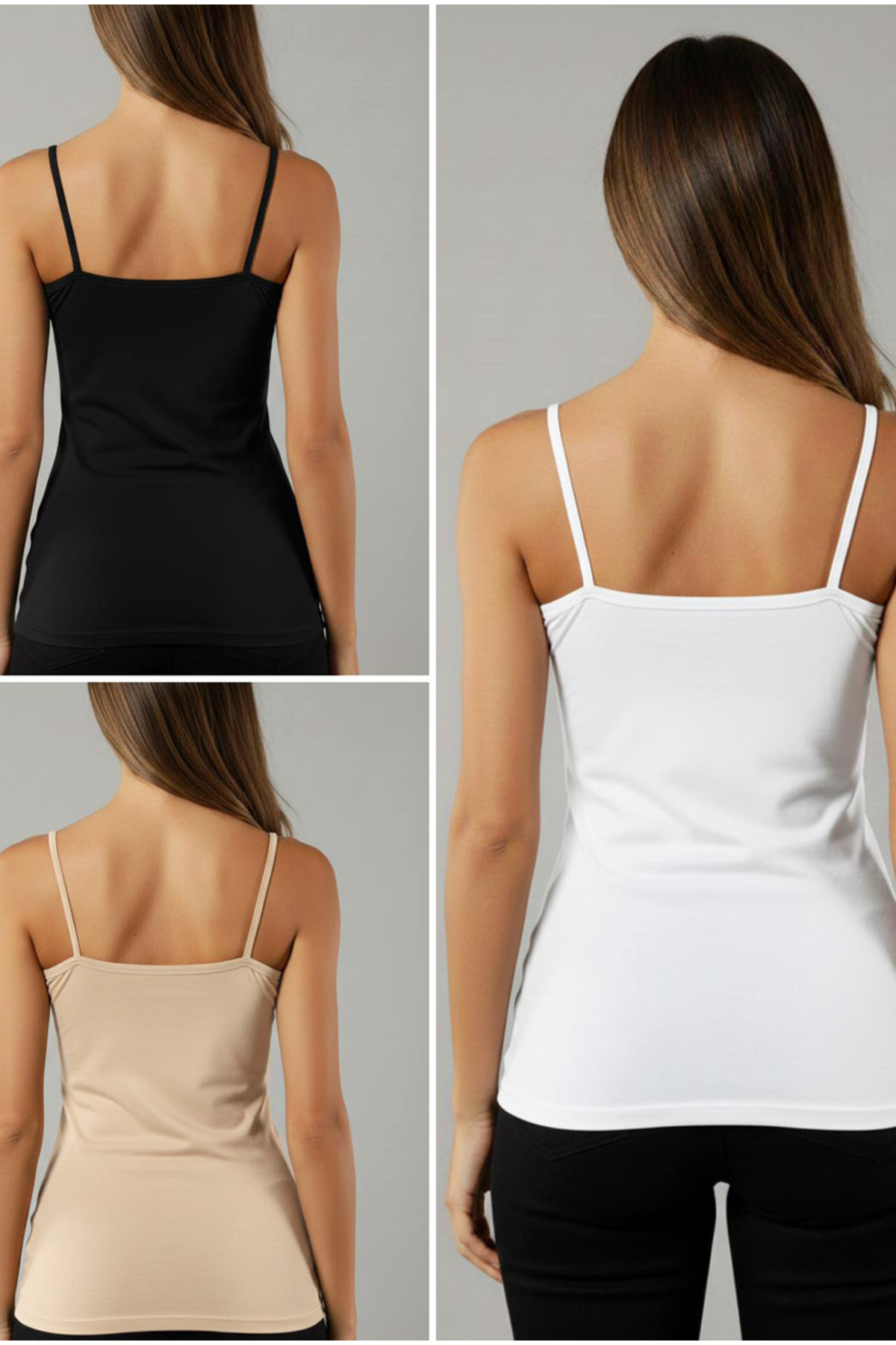 Siyah İnci  siyah-beyaz-ten 3'lü Paket Pamuklu Likralı İp Askılı Askılı Örme T-Shirt Atlet 1003 - Görsel 2