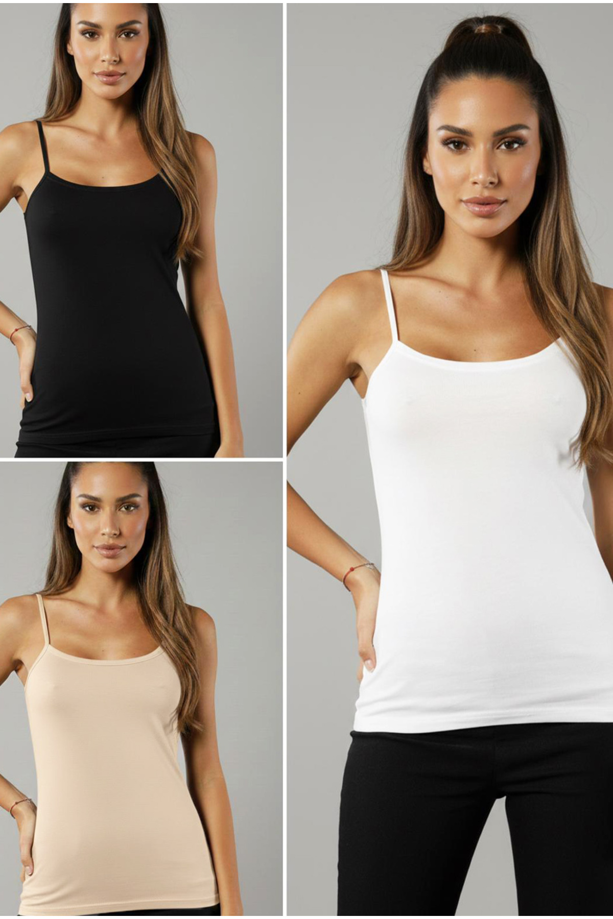 Siyah İnci  siyah-beyaz-ten 3'lü Paket Pamuklu Likralı İp Askılı Askılı Örme T-Shirt Atlet 1003