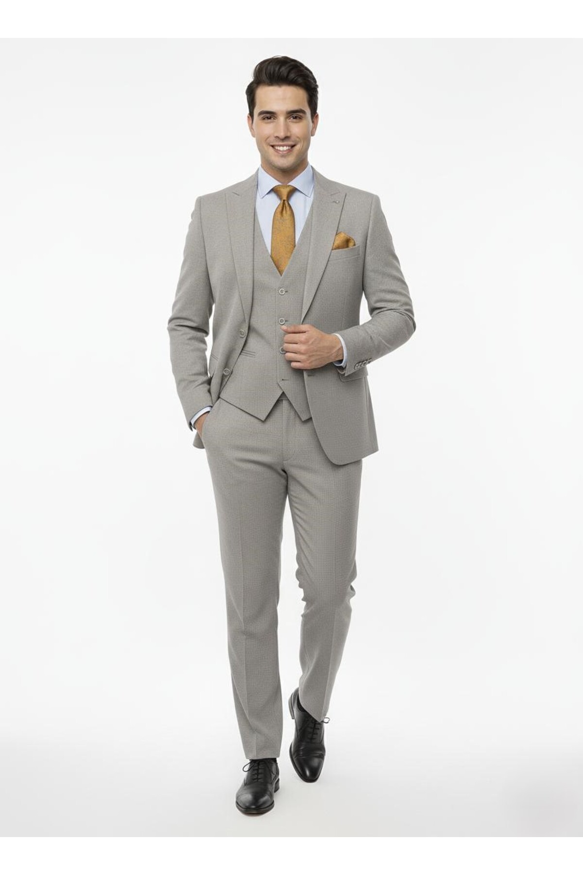 **Erkek Premium Bej Yelekli Slim Fit Takım Elbise 6 Drop – Özel Kalıp, Premium Seçkin Kumaş, İnce İşçilik | Düğün, Nikâh, Nişan, İş ve Özel Davetler | 794-050** — خاکستری