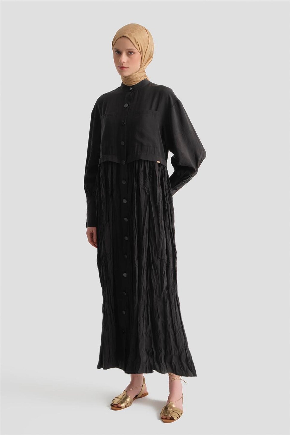 Armine  Kırışık Efektli Kupra Elbise Siyah - Görsel 3