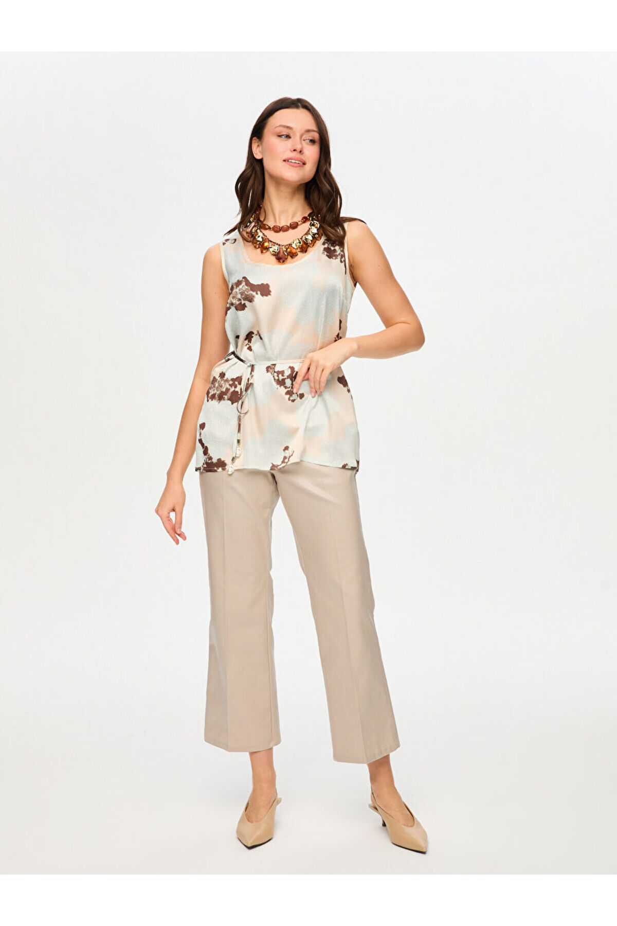 Waist Belted Round Neck Floral Pattern Singlet S26ATL023