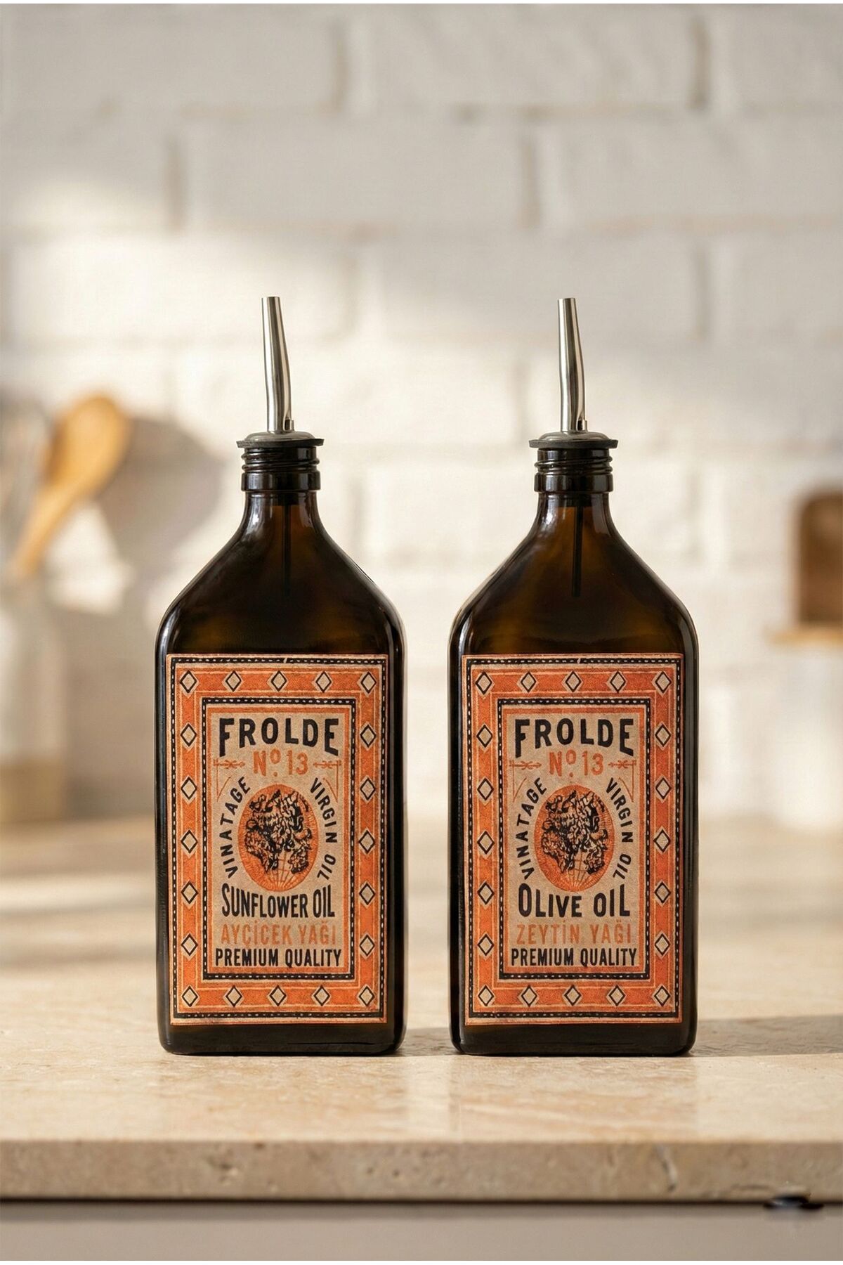 2-Piece Amber 500 ml Glass Flat Sunflower Oil Olive Oil Bottle Oil Canister Vintage Retro