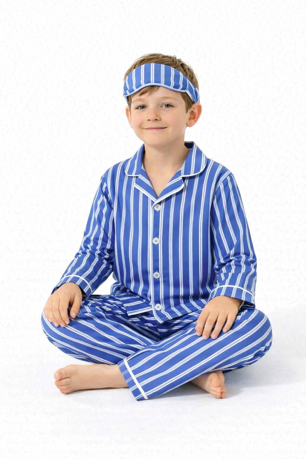 Beka Kids Erkek Çocuk Biye Detaylı Önden Düğmeli Devrik Yaka Mavi Çizgili Pijama Takımı - Göz Bantlı fotoğrafı 5 (önizleme)