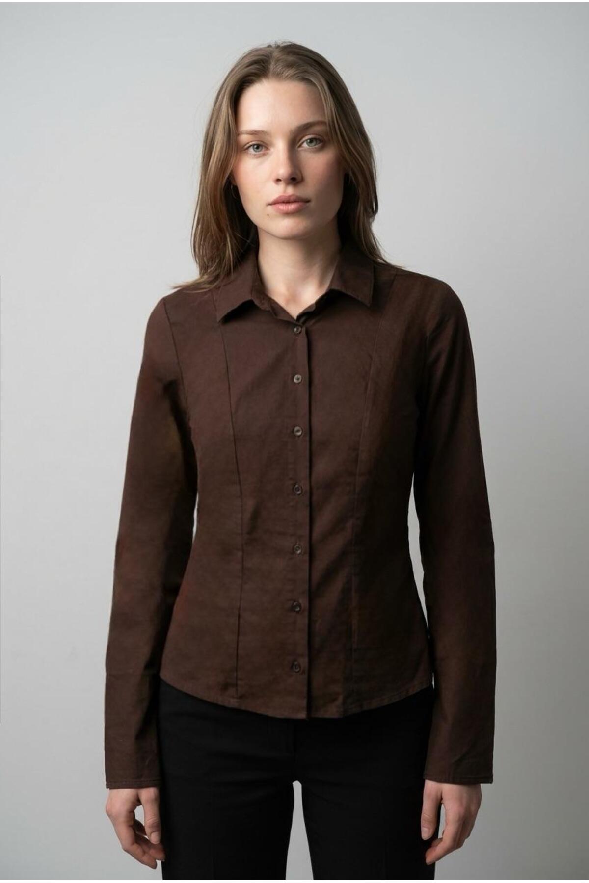 Madmext Kahverengi Vücuda Oturan Slim Fit Kadın Gömlek MG2659 görsel 5