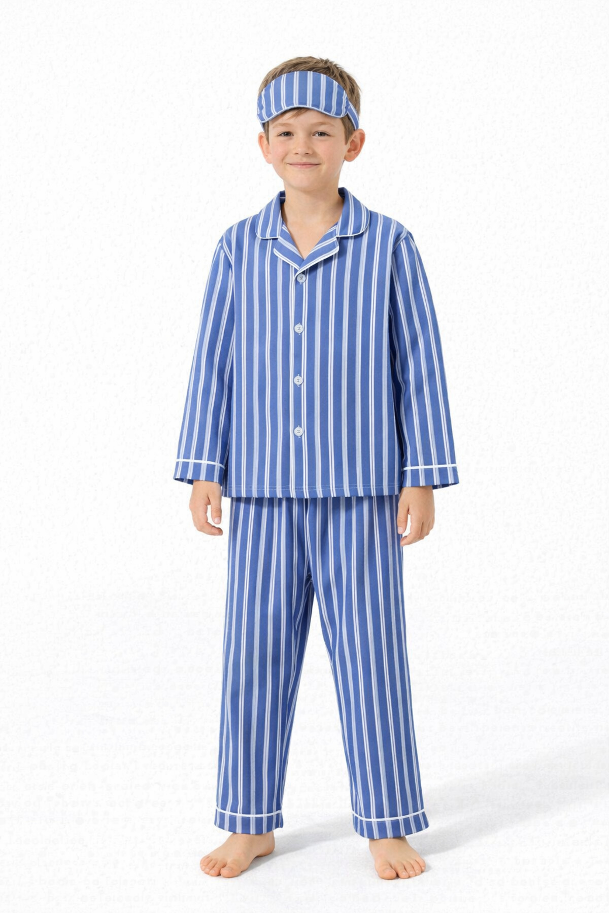 Beka Kids Erkek Çocuk Biye Detaylı Önden Düğmeli Devrik Yaka Mavi Çizgili Pijama Takımı - Göz Bantlı fotoğrafı 4 (önizleme)