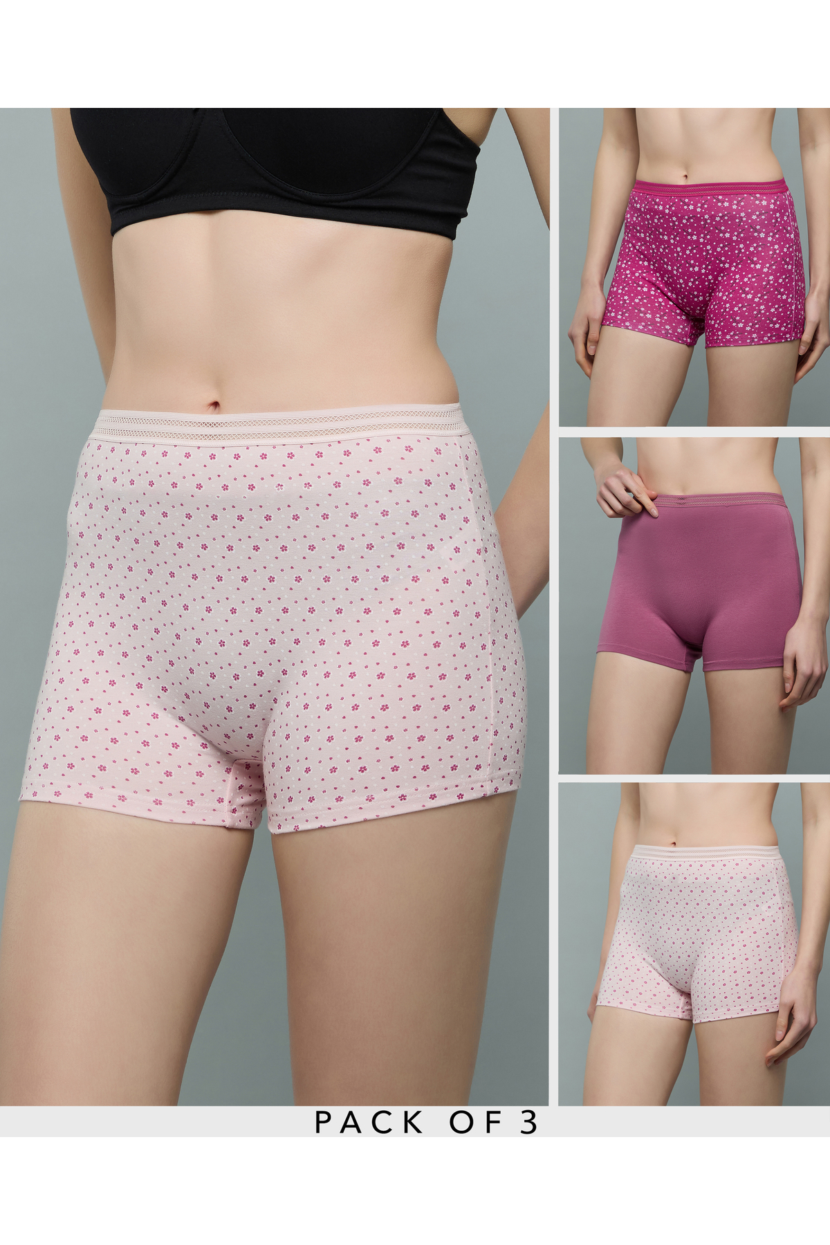 R&B Women Mauve 3 Pack Printed Boyshorts