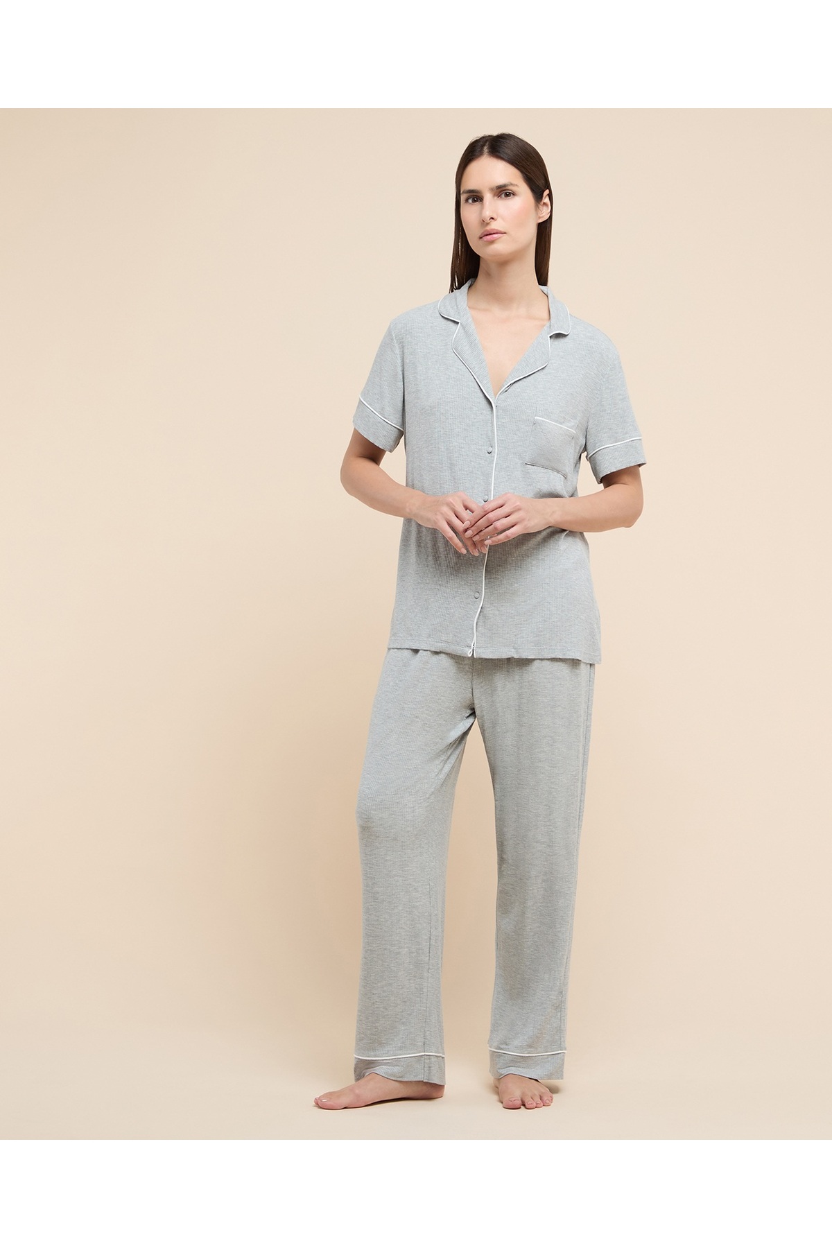 R&B Women Grey Melange Ribbed Pyjama Set