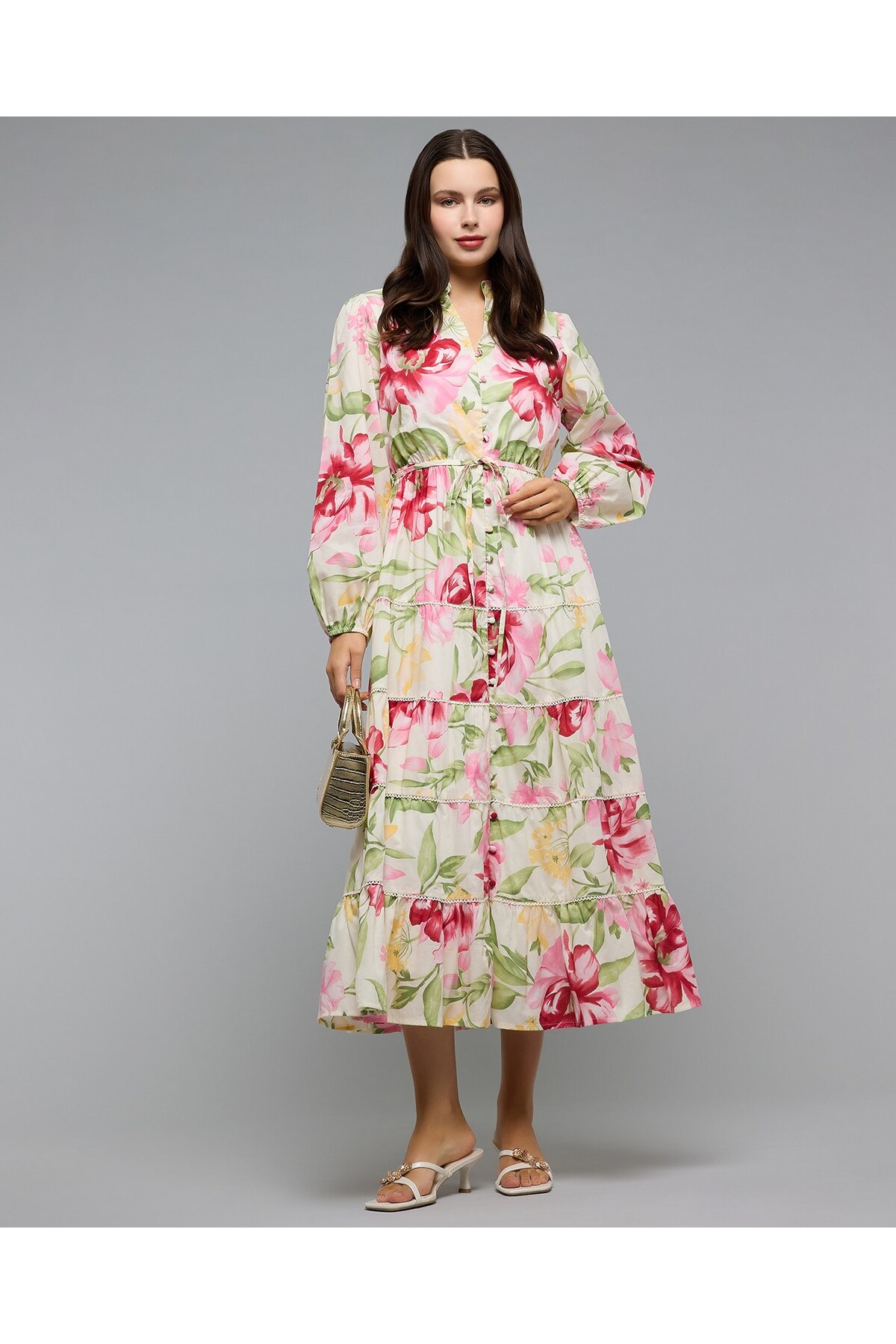 R&B Floral Patterned Tiered Dress with Split Neck and Long Sleeves