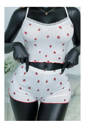 ALR Giyim Çilek Desenli Dantelli Şortlu Pijama Takımı