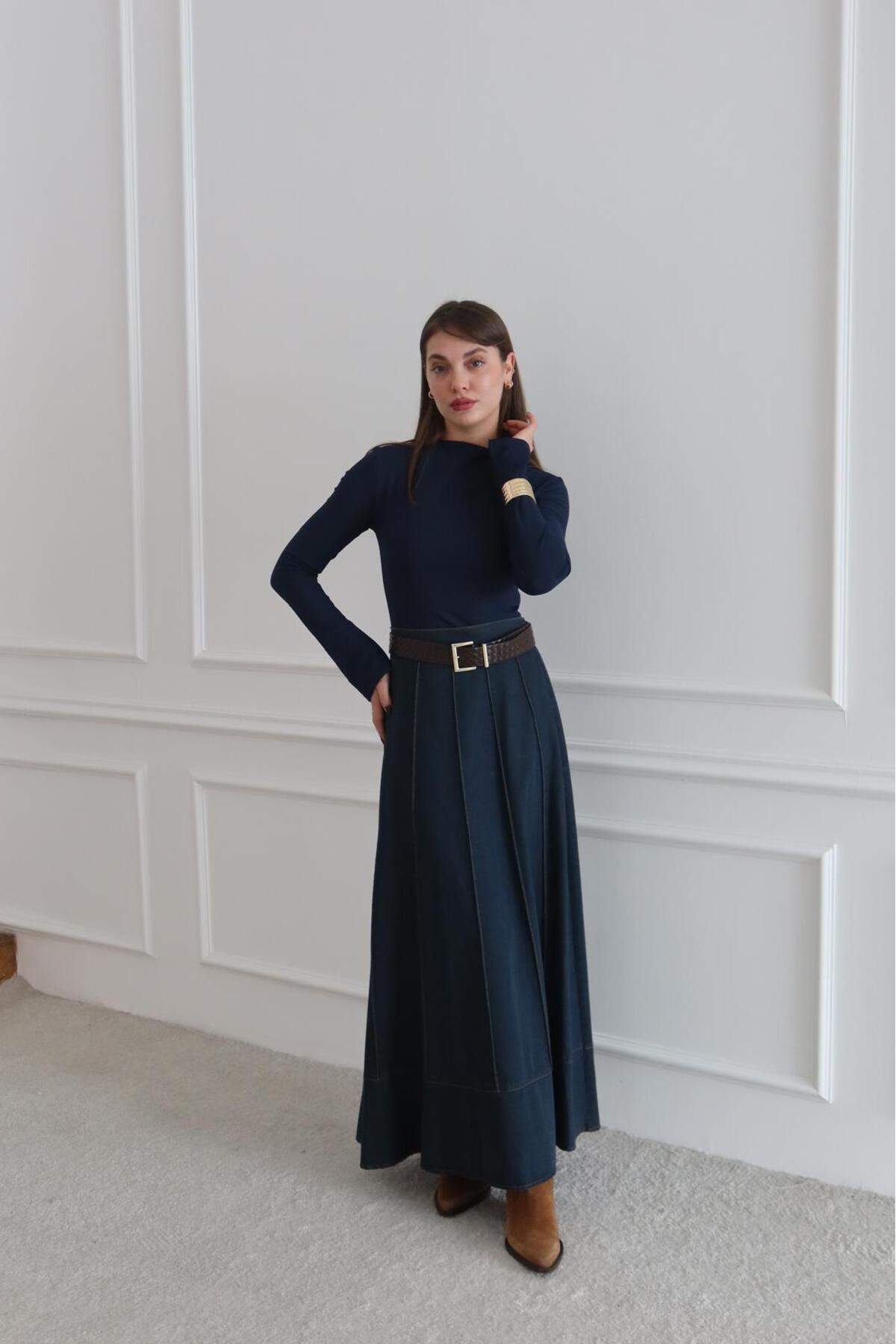 RUVA BUTİK  ÇIMA DETAYLI BELİ LASTİKLİ DENİM KOT ETEK