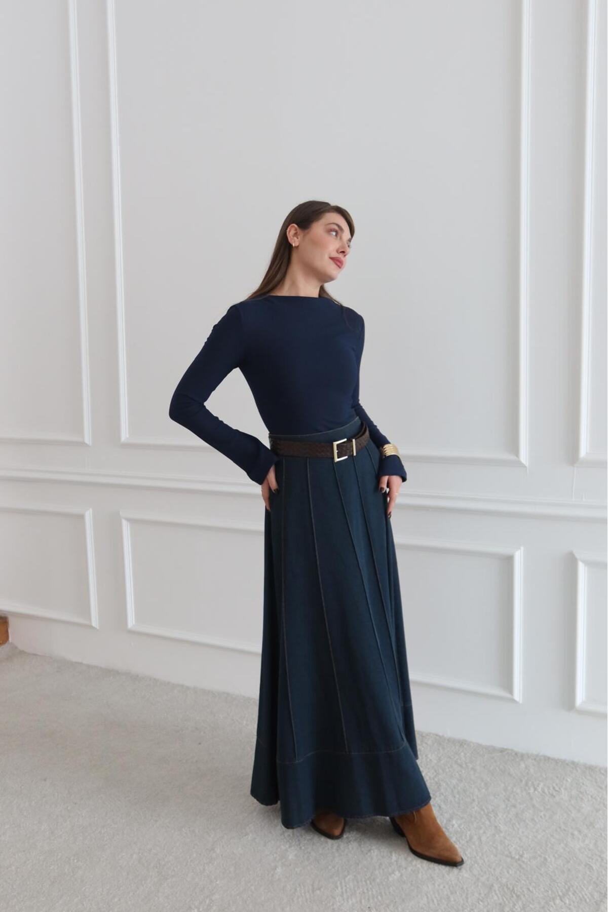 RUVA BUTİK  ÇIMA DETAYLI BELİ LASTİKLİ DENİM KOT ETEK - Görsel 3