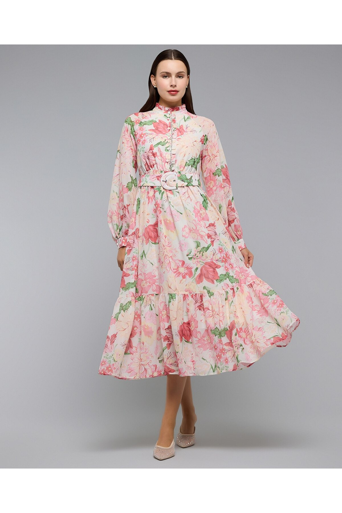 R&B Floral Patterned Midi Dress with High Neck and Long Sleeves