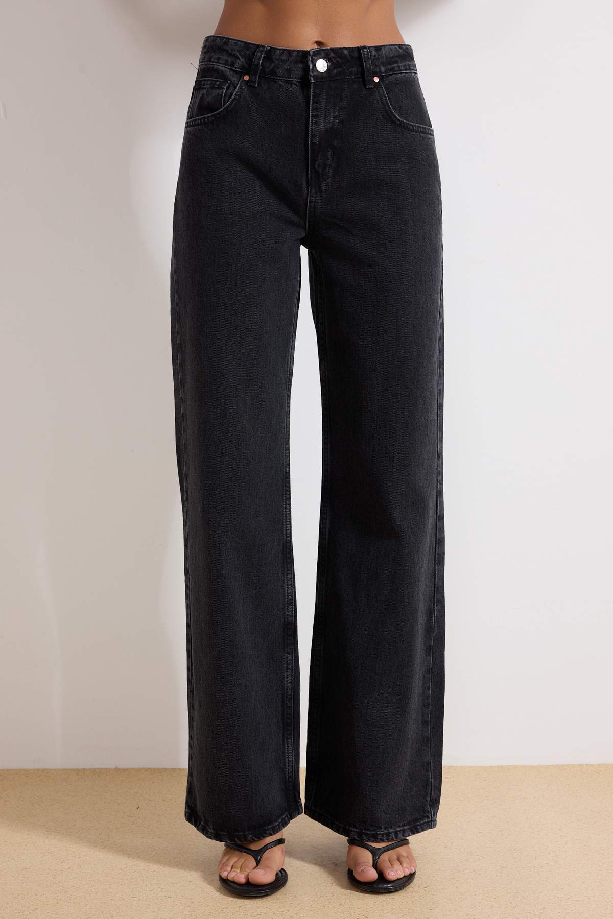 Trendyolmilla  Antrasit Yüksek Bel Wide Leg Geniş Paça %100 Pamuk Non-Stretch Jeans TWOAW24JE00089 - Görsel 4