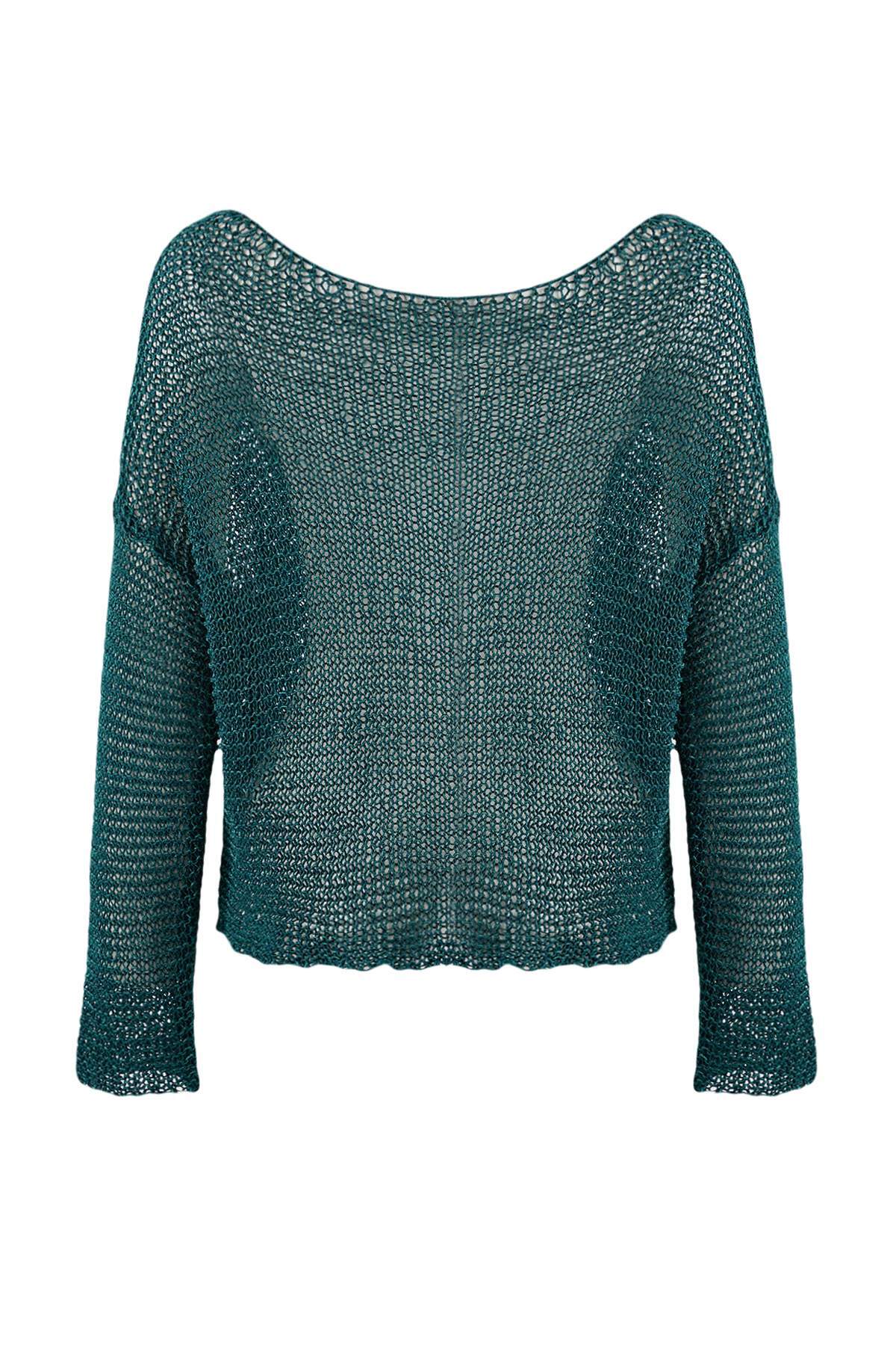 Trendyolmilla  Petrol İç Gösteren Kayık Yaka Triko Kazak TWOSS26KZ00008 - Görsel 6