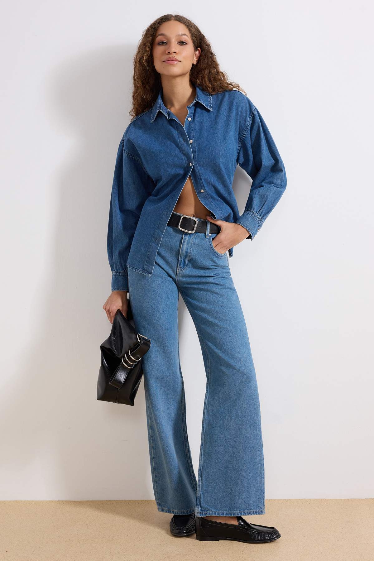 Trendyol Collection Kék, magas derekú, széles szárú, 100% pamut, nem nyúló fa...