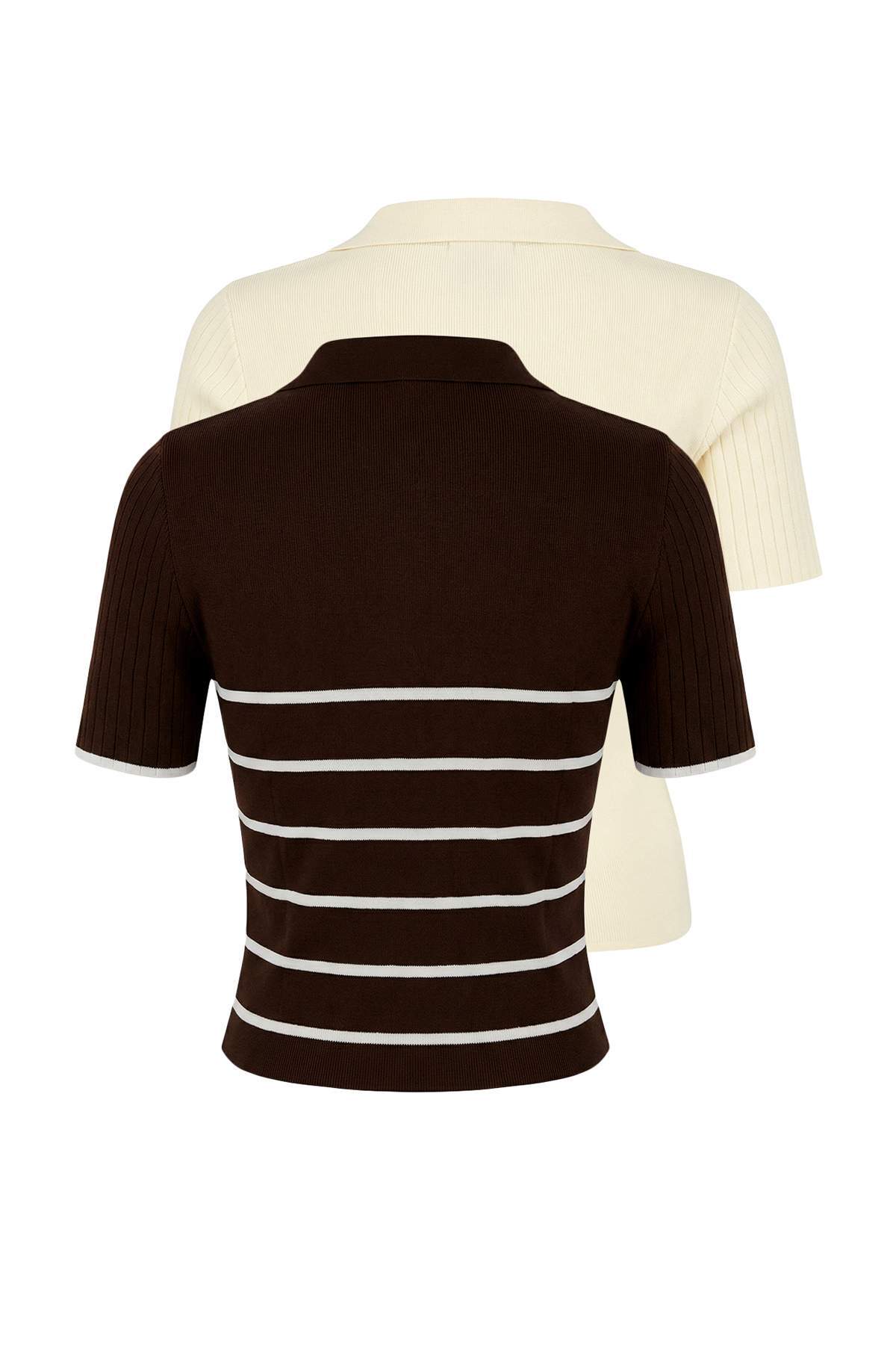 Trendyolmilla  Kahverengi-Taş İkili Paket Çizgili Basic Triko İnce Bluz TWOSS26BZ00284 - Görsel 7