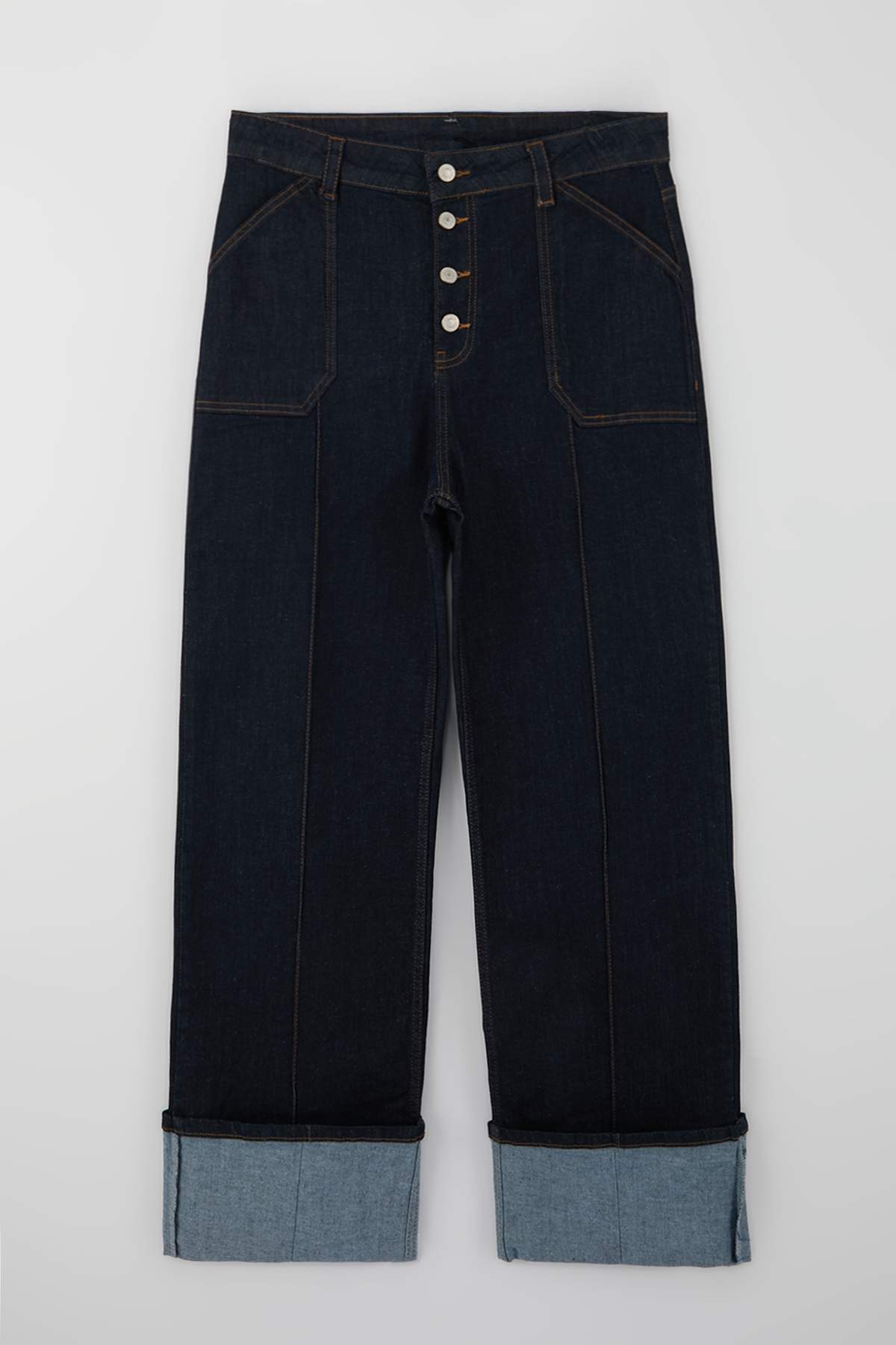 Trendyol Curve Dunkelblaue High-Waist-Jeans mit doppeltem Beinabschluss, bequ...