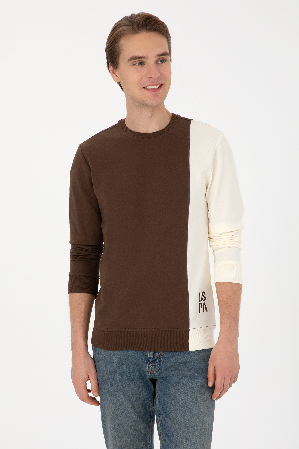 یو اس پولو سویشرت مردانه یقه گرد قهوه‌ای طرح معمولی فیت کد ۵۰۳۱۶۳۱۶-VR029