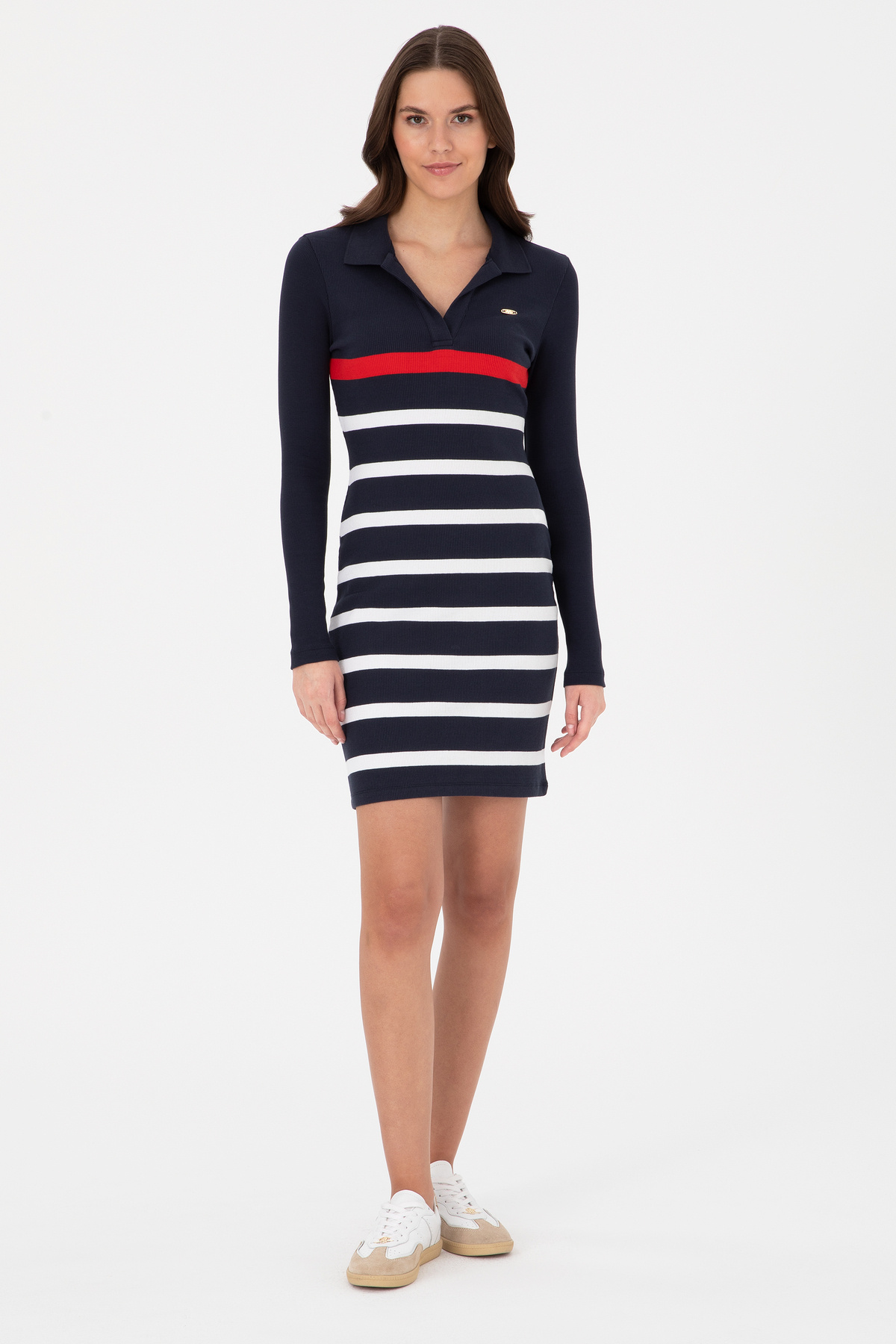 Women's Navy Blue Striped Polo Neck Mini Knitted Dress 50299045-VR033