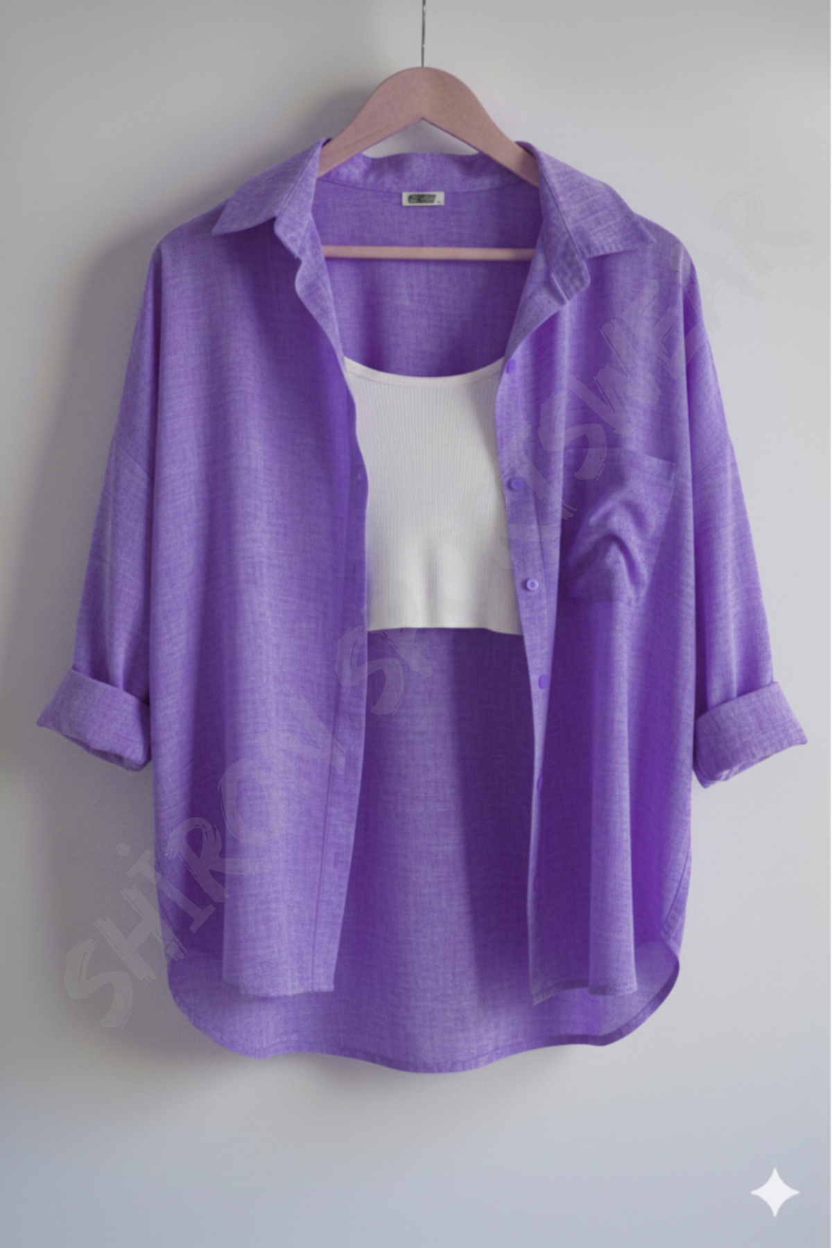 Shiron Sportswear&Company  Lüx Kalite Yeni Mor Kadın Düşük Omuz Oversize Keten Cep Detaylı Gömlek