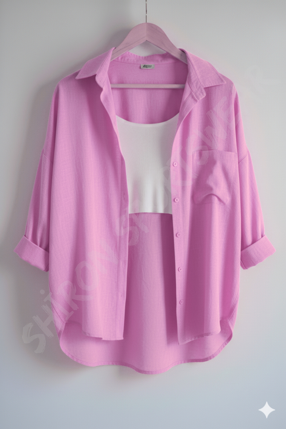 Shiron Sportswear&Company  Kadın Pembe Oversize Keten Gömlek %100 Pamuk