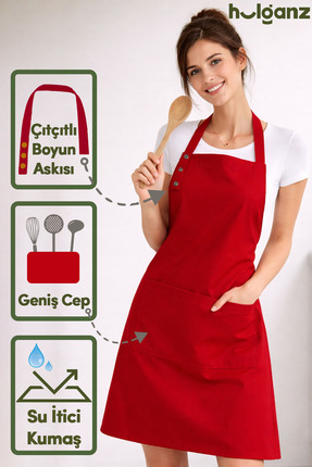 Hulganz Mutfak Önlüğü Leke Tutmaz Su itici Kumaş Çıtçıtlı Boyun Askılı Kırmız...