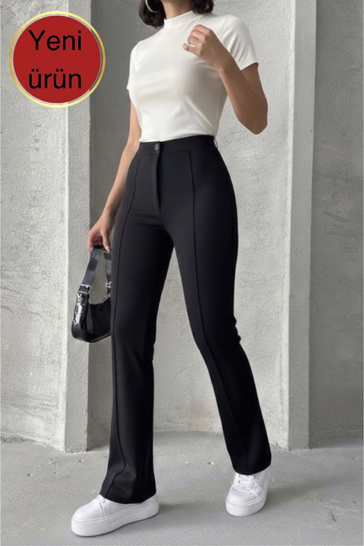 glanour Дамски черни панталони с висока талия и разкроени крачоли