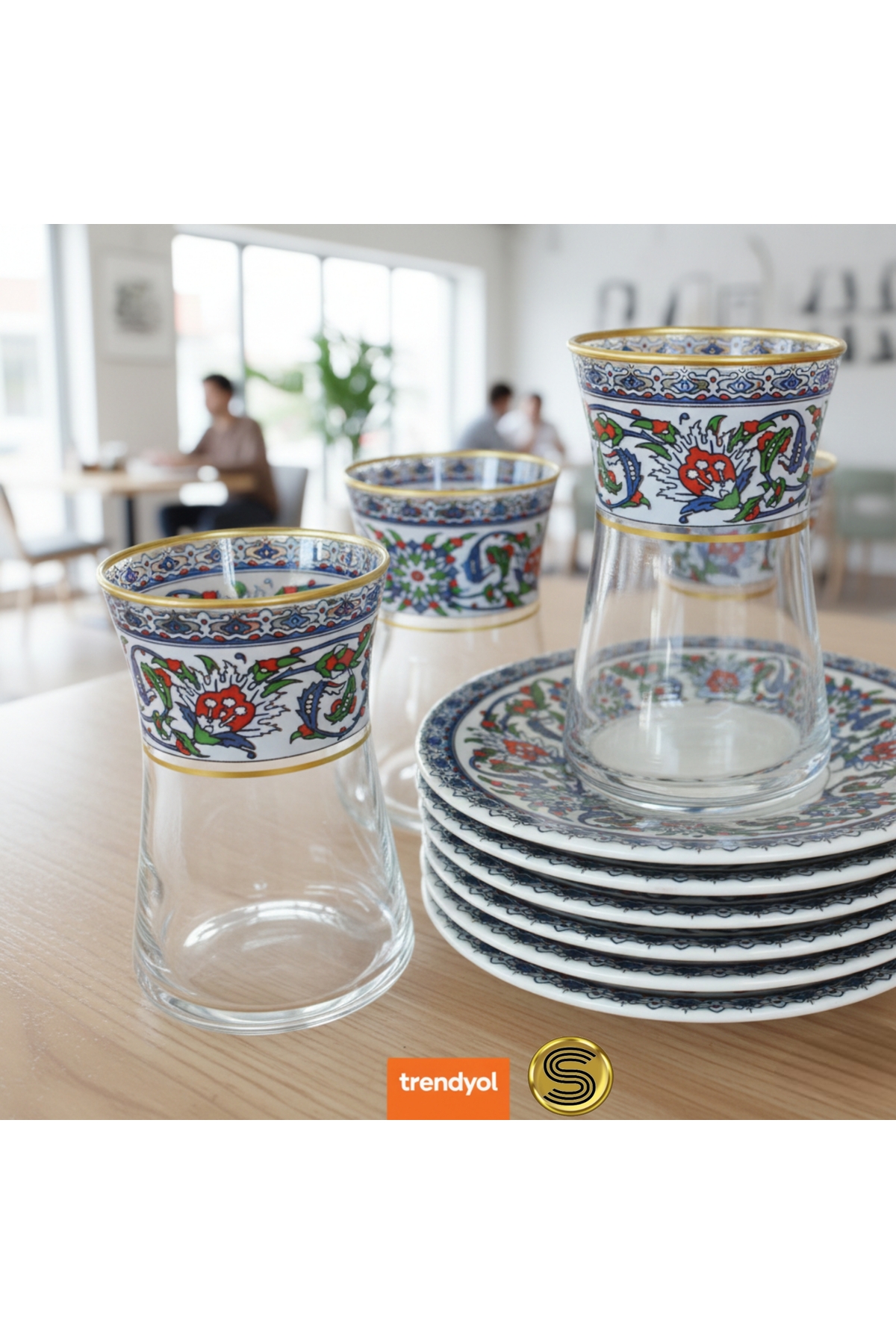 Tea Set for 6 People Consisting of Porcelain Plates and Glass Cups with Heybeli Gold Herbal Tile Motifs.