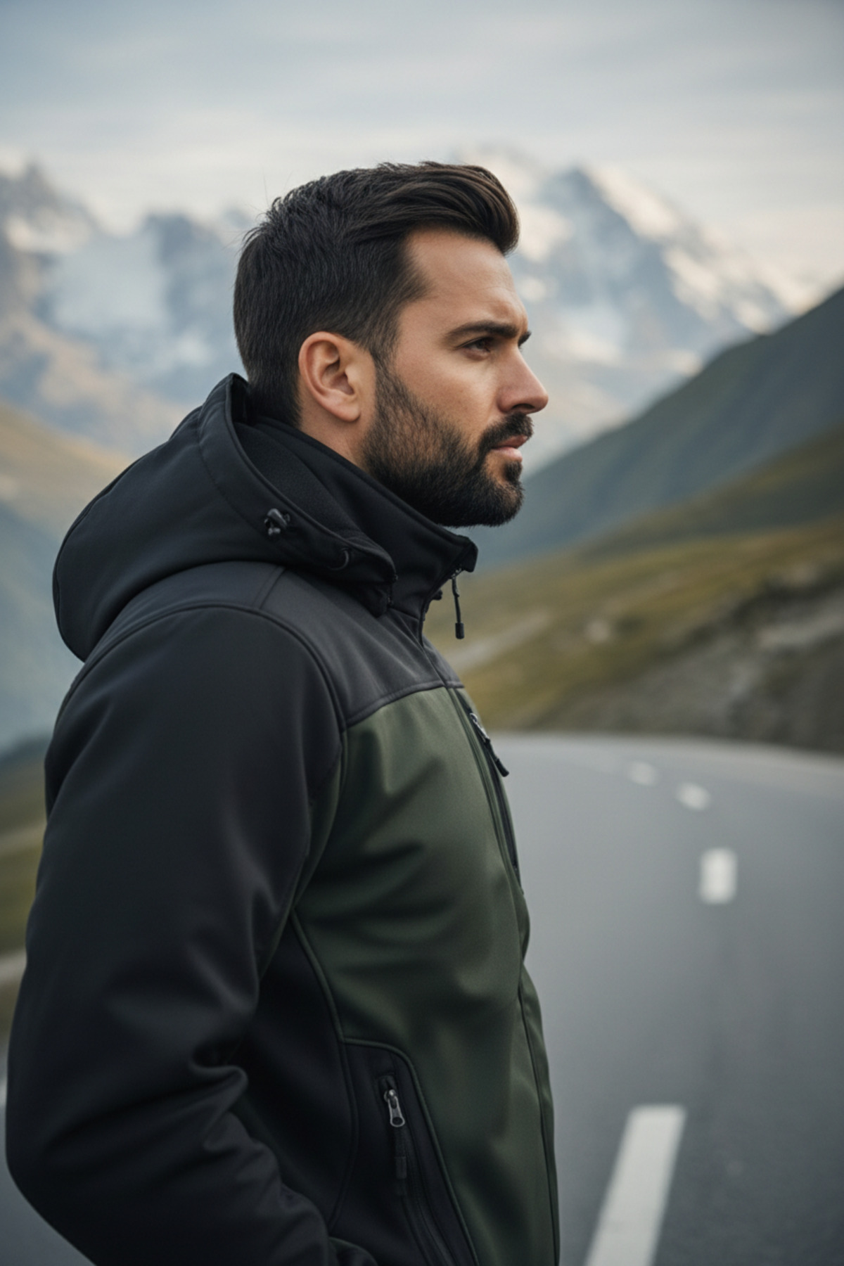 SNOWMOUNT Siyah Haki Renk Softshell Sök Tak Kapüşonlu Kışlık Polarlı Mont Ceket görsel 3