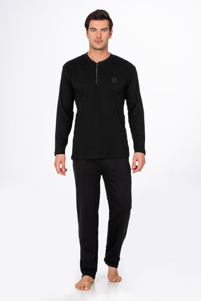 Kompedan Erkek İnterlok Pamuklu Düğmeli Yaka Pijama Takımı | Siyah 030