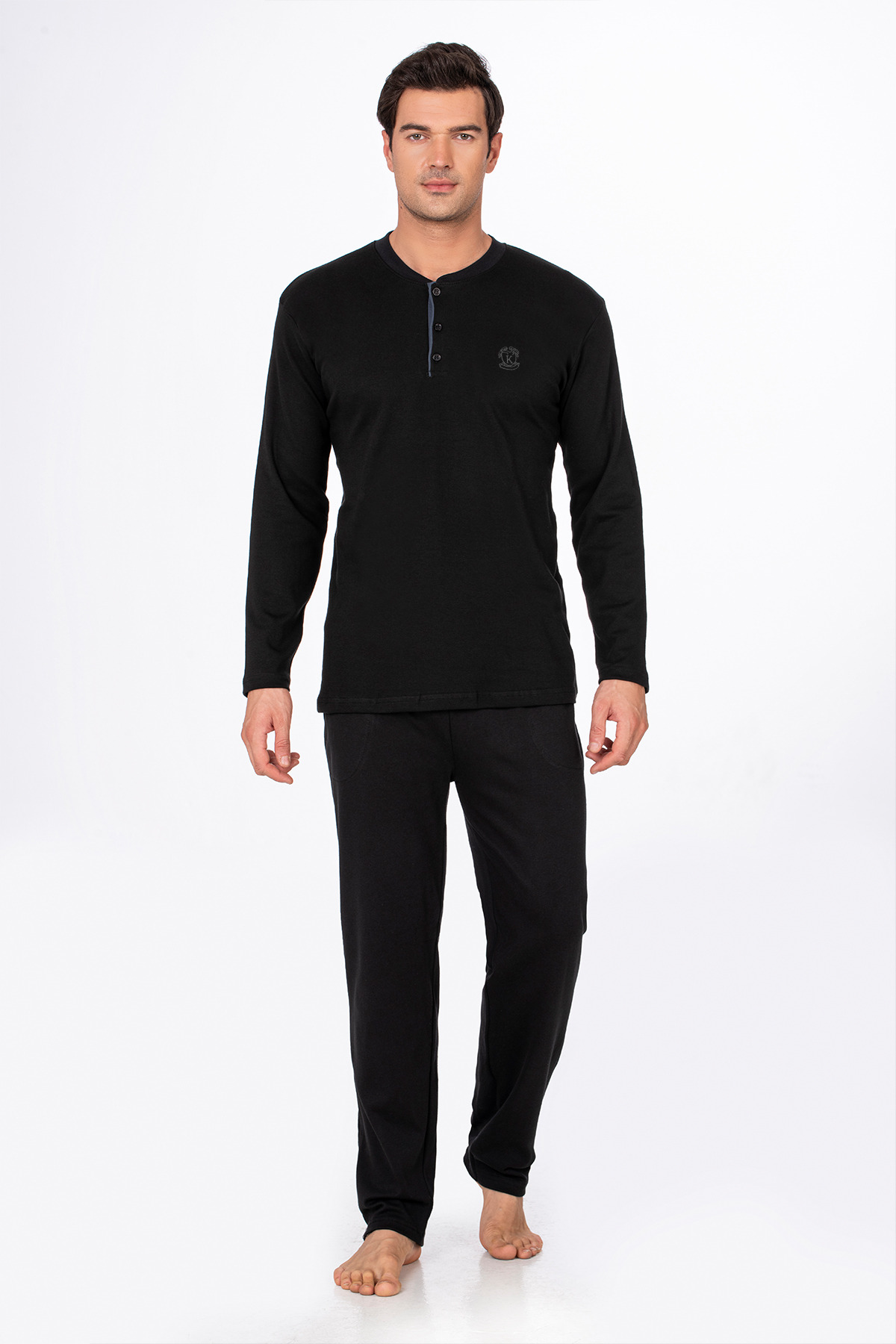 Kompedan  Erkek İnterlok Pamuklu Düğmeli Yaka Pijama Takımı | Siyah 030