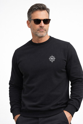 NEROBOX Prime Erkek Siyah Sweatshirt Pusula Nakışlı Pamuklu