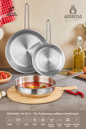 Amboss Lusigram 3 Parça Paslanmaz Çelik İndüksiyon Tabanlı Kapaksız Tava Seti