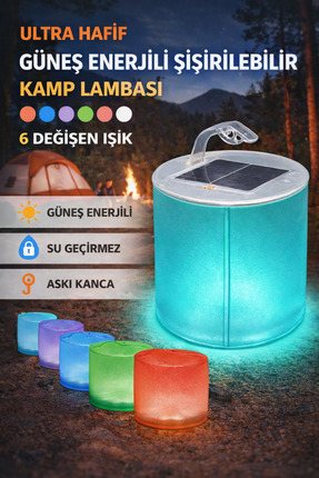 Ecuy Ultra Hafif Güneş Enerjili Şişirebilir Kamp Lambası 6 Değişen Işık Su Ge...
