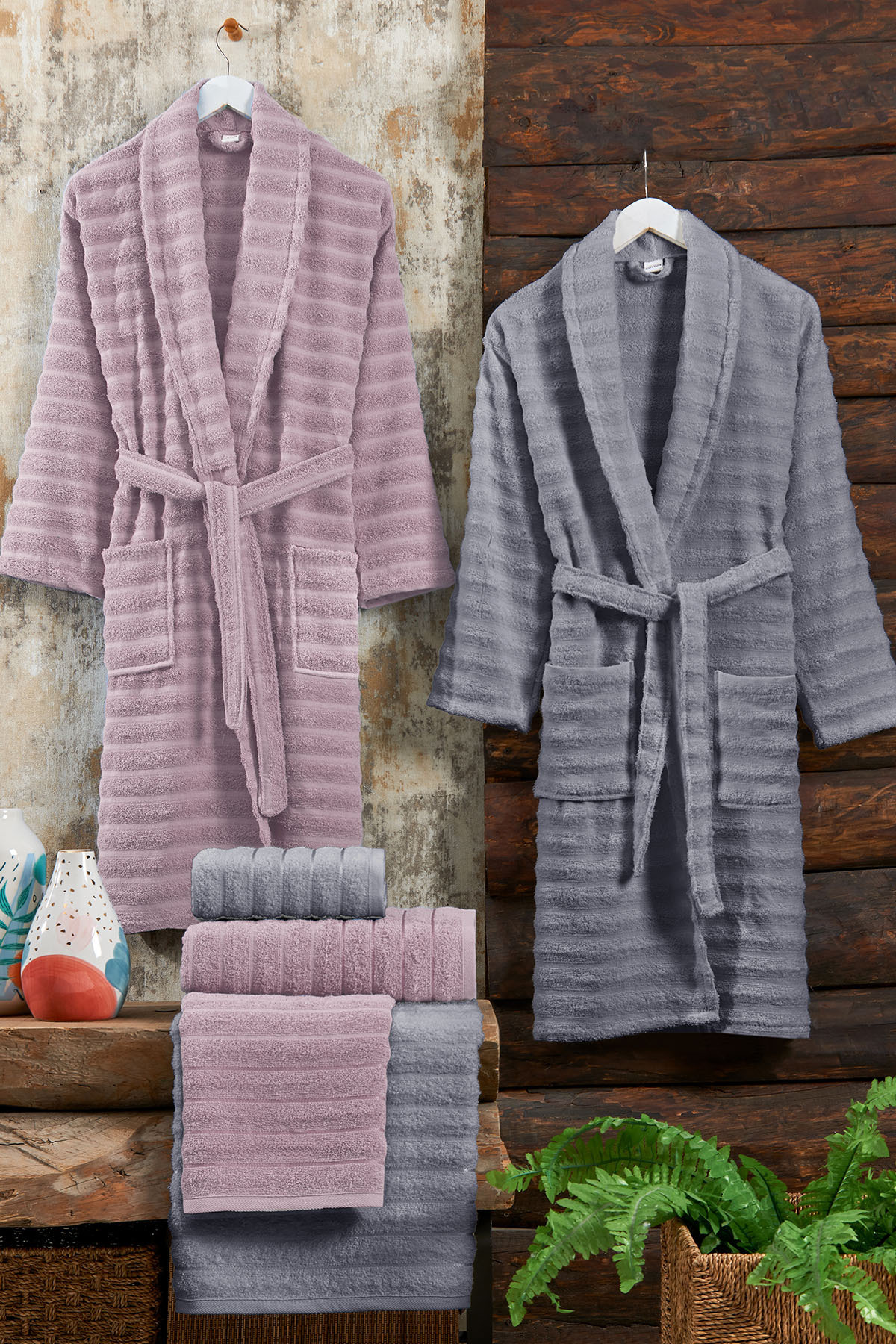 Soft Bathrobe Family Set 6 Pieces (70x135 cm) Dried Rose-Gray