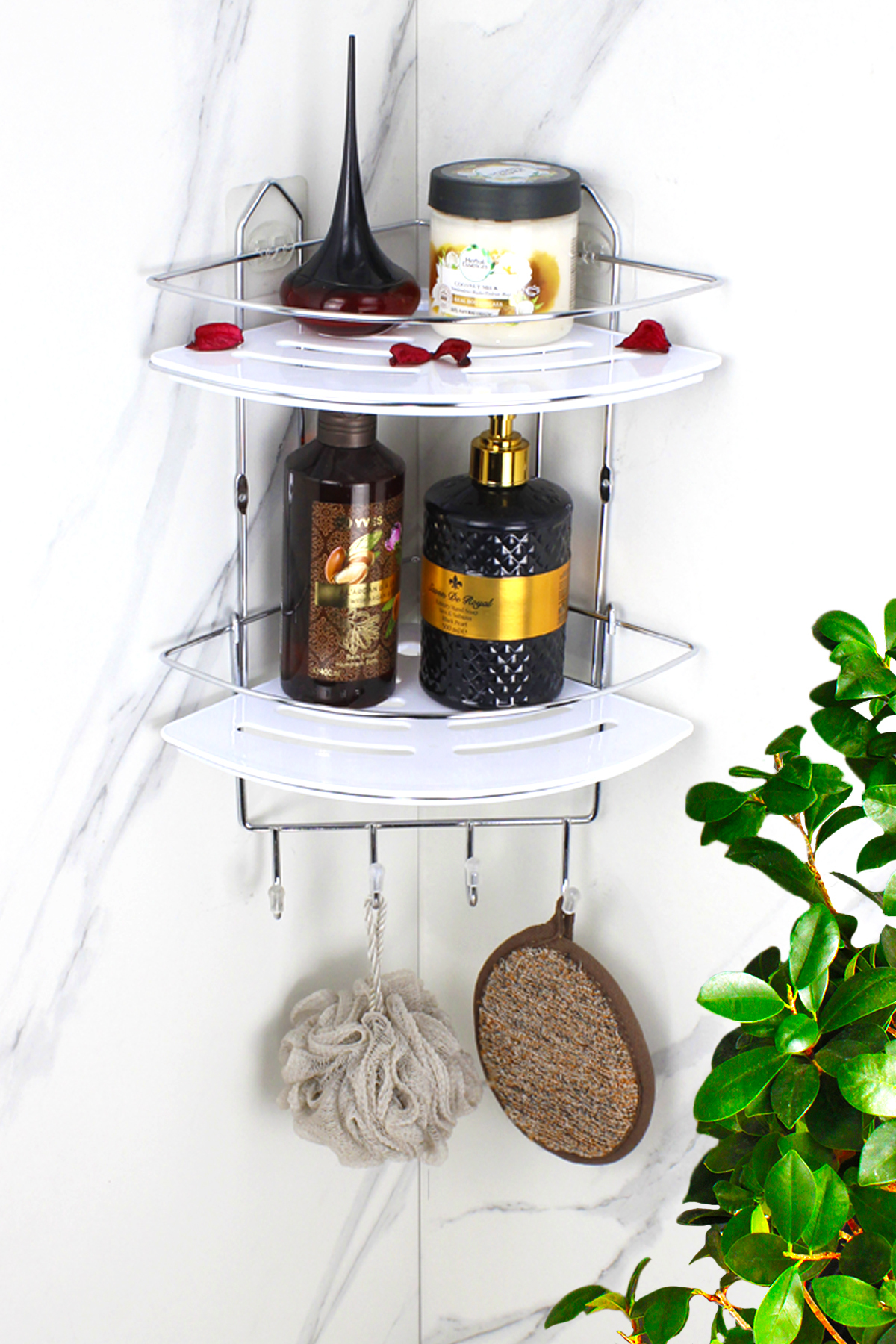 Economic Double Chrome Shampooing Adhesive Bathroom Corner Shower Shelf with Crystal Shelf