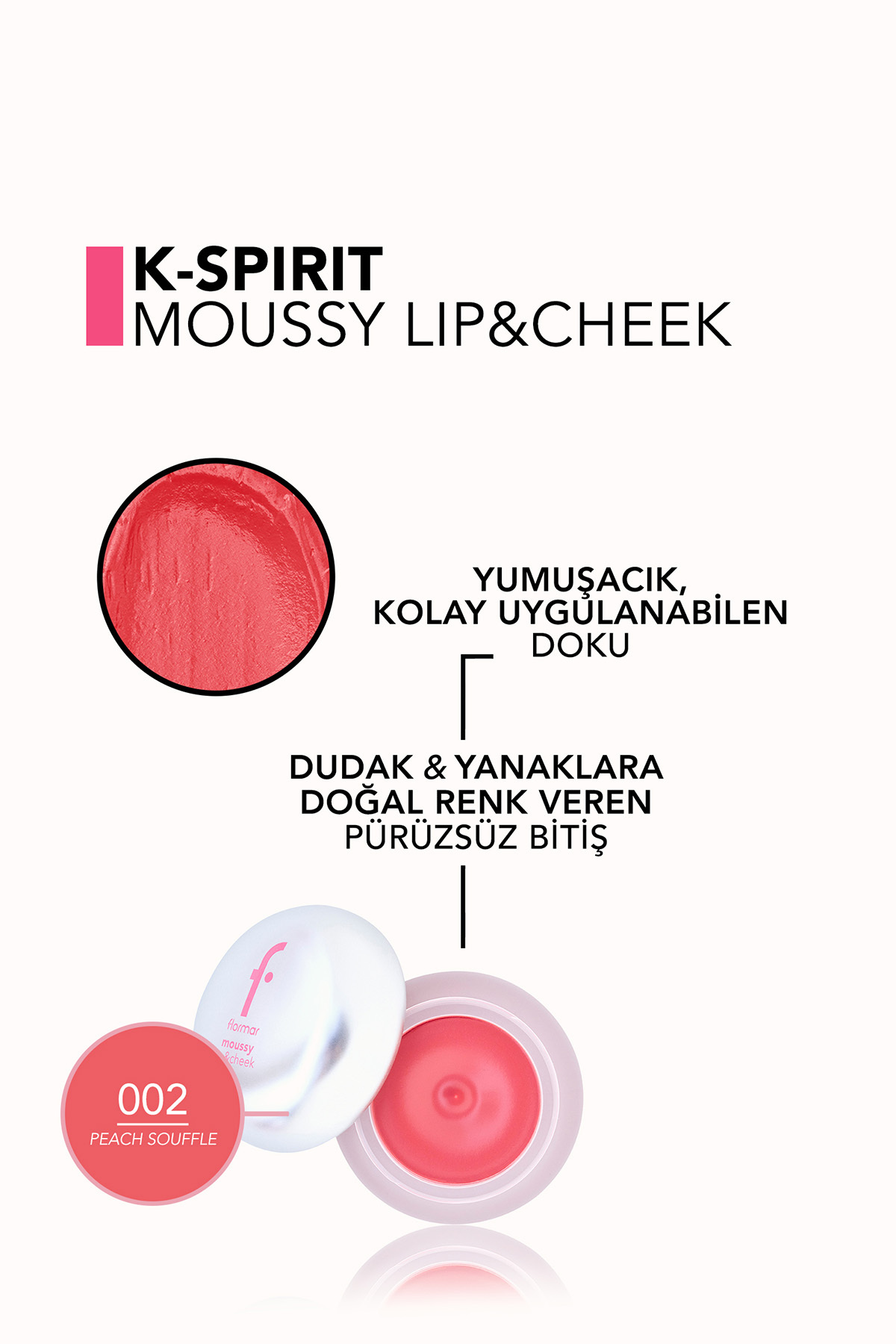 رنگ لب و گونه K-Spirit با قابلیت استفاده آسان، تقویت کننده رنگ طبیعی - 002 Peach Souffle — صورتی 9874 — تصویر 4 از 6